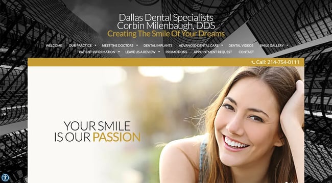 Bold color schemes evoke a professional air for this dental website at Dallas Dental Specialists