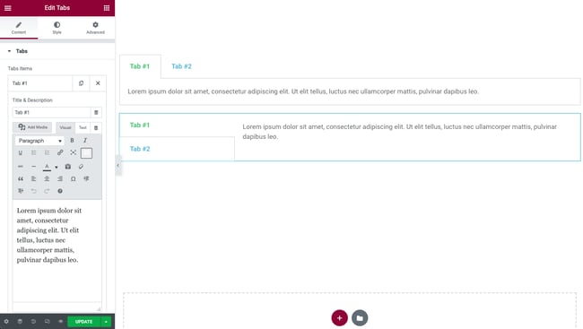 Elementor has a tabs widget thats easy to customize and arrange content tabs horizontally or vertically.