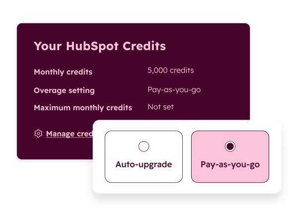 Zeigt die verschiedenen Zahlungsoptionen zum Aufladen Ihres HubSpot-Guthabenkontos: Guthabenpakete oder Pay-as-You-Go.