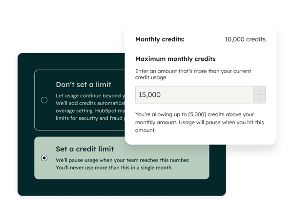 Zeigt, wie Sie in HubSpot ein monatliches Maximallimit für Guthabeneinheiten festlegen können, sodass KI-Aktionen pausiert werden, sobald ein bestimmter Schwellenwert erreicht wird.