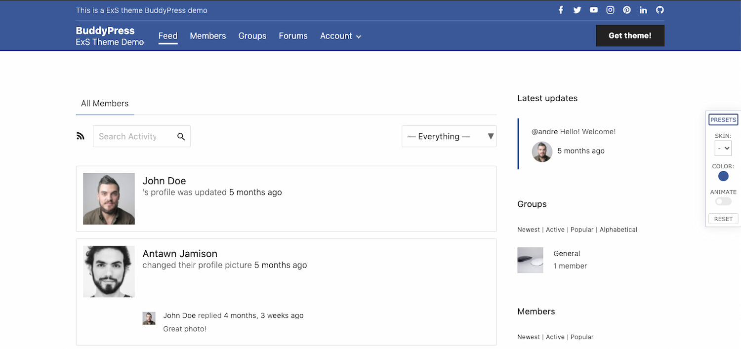 BuddyPress theme demo included in ExS WordPress theme