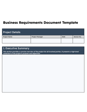 Business requirements document template featuring sections for project details, including project name, project manager, date, and version number, along with a heading for the executive summary.