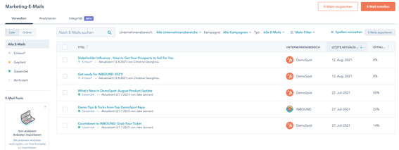Dashboard des E-Mail-Tools