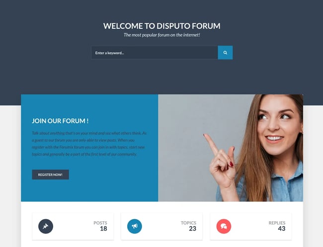 Disputo is a bbPress-compatible theme with a built-in FAQ system