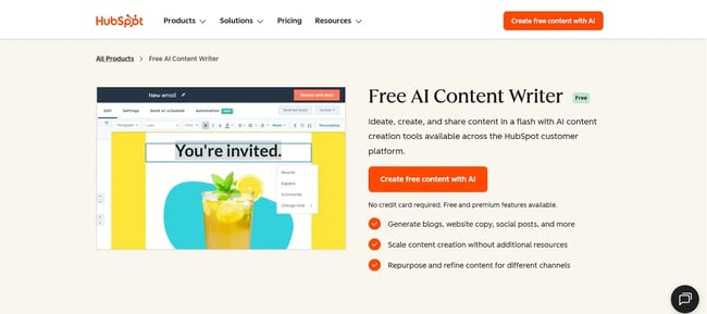 CMS features - HubSpot AI content writing tool landing page, Content Management System features