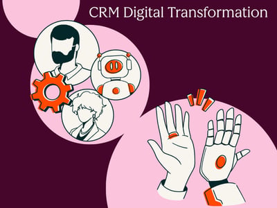 Robots and human marketers work together, representing a CRM digital transformation