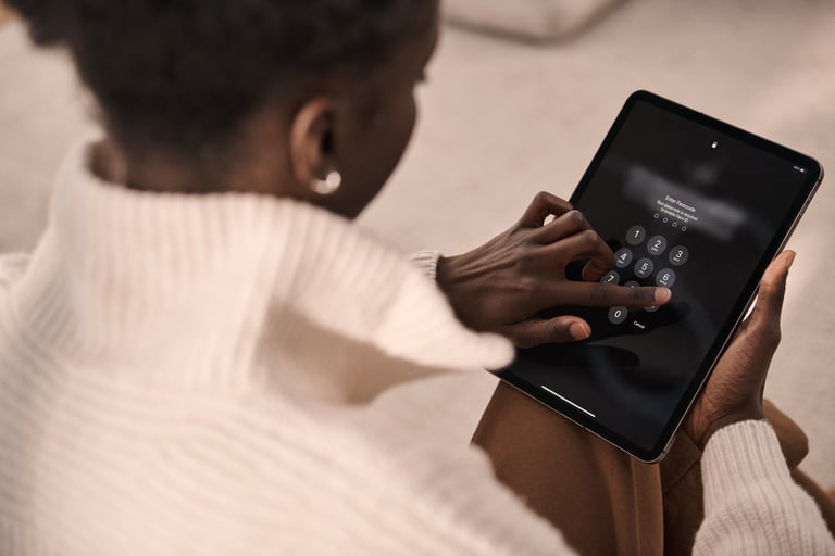 Woman OTS with iPad pointing finger