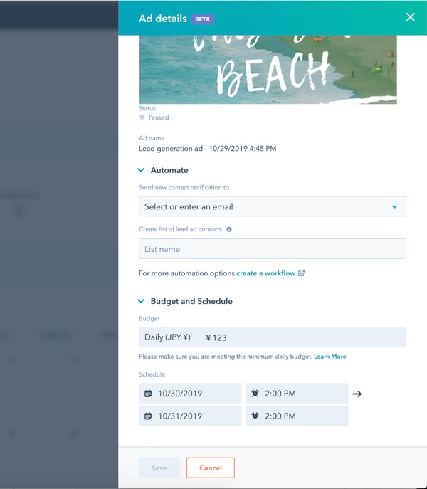 Ad campaign management screen showing Automate and Budget and Schedule options