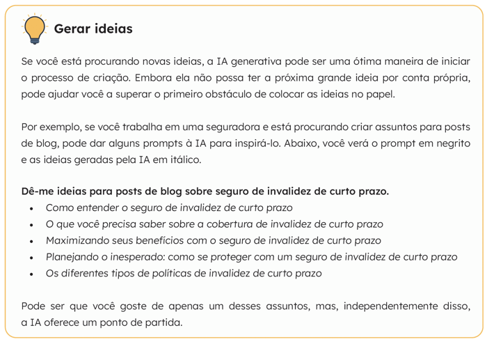 exemplo de prompt para gerar ideias com IA generativa