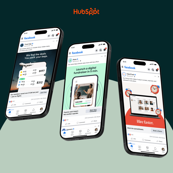 Three smartphones displaying Facebook ad examples including travel deals, digital fundraising campaigns, and hiring software promotions on a teal gradient background