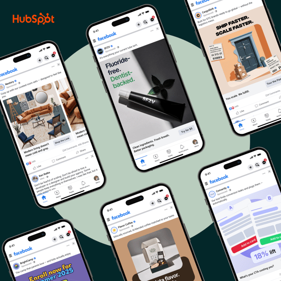 Six smartphones arranged in a scattered layout showing various Facebook advertisements for home decor, dental products, shipping services, coffee subscriptions, and analytics tools