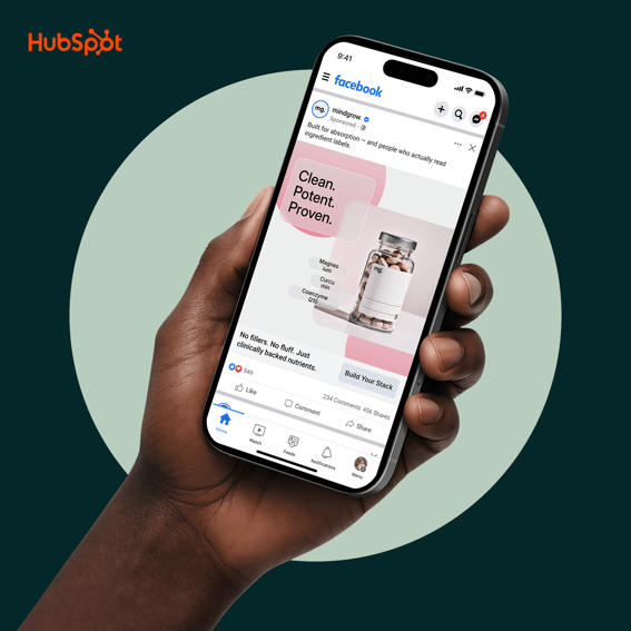 Hand holding a smartphone displaying a Facebook advertisement for health supplements with pink branding and product imagery against a green circular background