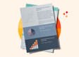 Three overlapping sheets of paper display graphs and text regarding success metrics, with a circular background featuring warm colors.