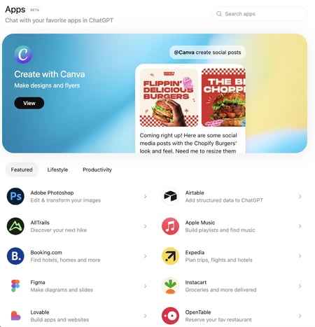 ChatGPT integration apps directory, featured apps including Adobe Photoshop, Airtable, AllTrails, Apple Music, Booking.com, Expedia, Figma, Instacart, Lovable, and OpenTable