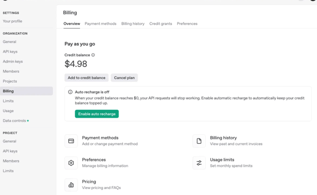 ChatGPT integration cost control, OpenAI billing dashboard with options to add payment details, set usage limits, and manage spending for API integrations