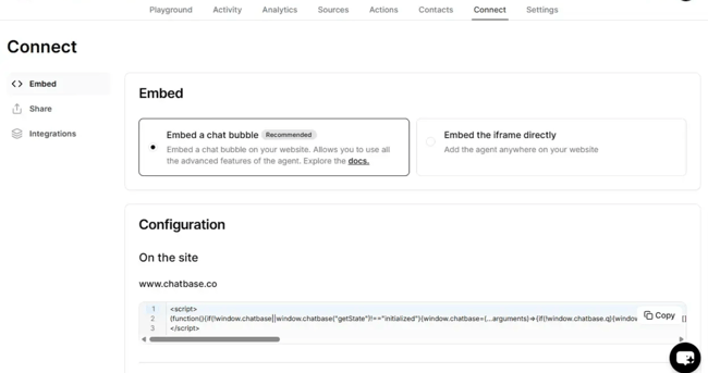 ChatGPT integration deployment, Chatbase Connect tab with embed options for adding a no-code chatbot to a website via chat bubble or iframe
