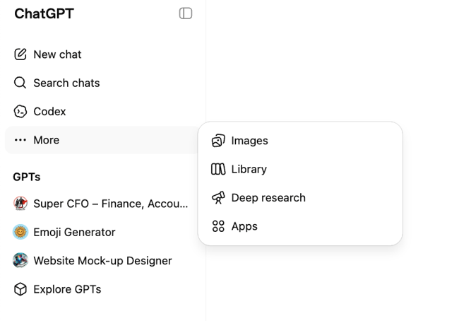 ChatGPT integration directory access, sidebar More menu showing the Apps option for browsing the ChatGPT app directory