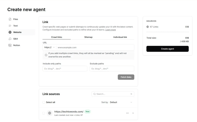 ChatGPT integration setup, Chatbase Create New Agent screen for crawling website content and configuring training sources for a no-code chatbot