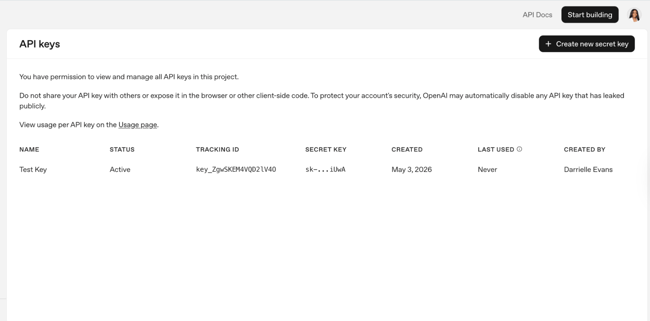 ChatGPT integration setup, OpenAI API keys page with the Create new secret key button for generating credentials to authenticate API calls