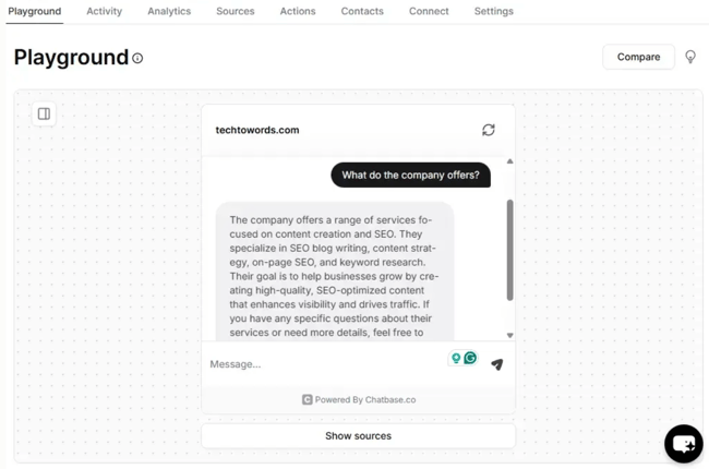 ChatGPT integration testing, Chatbase Playground with a sample question and chatbot response based on trained website content