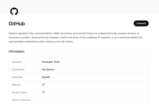 ChatGPT integration with GitHub, GitHub app entry in the ChatGPT Apps directory for connecting code repositories