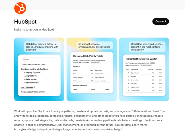 ChatGPT integration with HubSpot, ChatGPT response showing HubSpot CRM deal summaries pulled directly into the chat