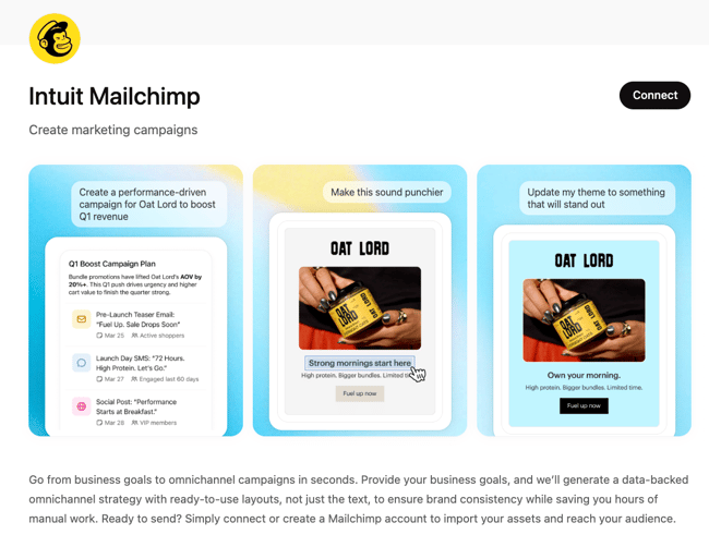ChatGPT integration with Mailchimp, campaign generation showing email, SMS, and social posts with editable layouts in the ChatGPT chat