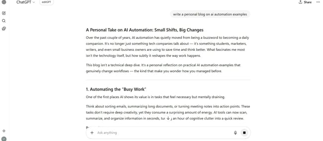 ChatGPT-generated blog; AI automation examples