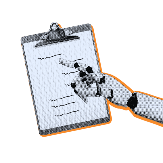 Robot hand pointing at a clipboard.