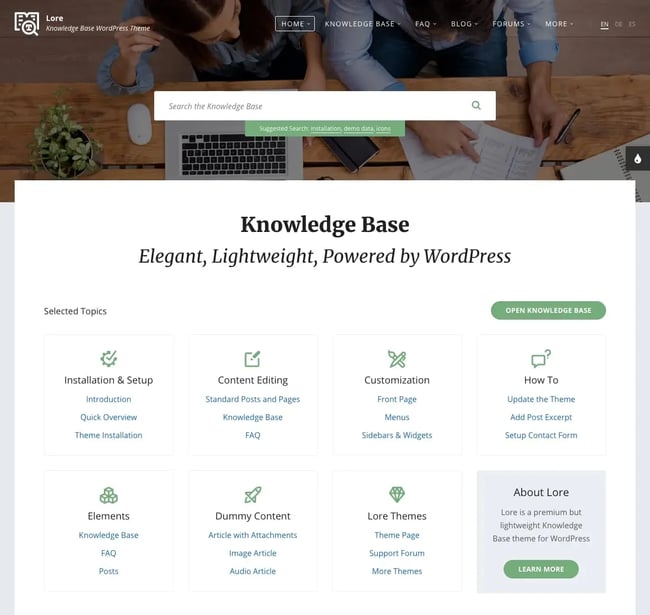 Classic Knowledge Base demo created with Lore theme for WordPress