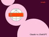 a hubspot-branded featured image graphic with a burgundy background and pink-colored geometric shapes in the foreground, with the words “claude vs. ChatGPT” in the bottom right-hand corner and a pictogram graphic in the middle of the image