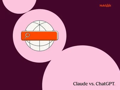 a hubspot-branded featured image graphic with a burgundy background and pink-colored geometric shapes in the foreground, with the words “claude vs. ChatGPT” in the bottom right-hand corner and a pictogram graphic in the middle of the image