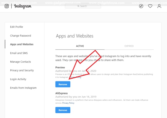 Click Remove buton next to bot or other automated service in order to get unshadowbanned on Instagram