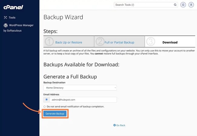 Click the Generate Backup button to finalize your backup.