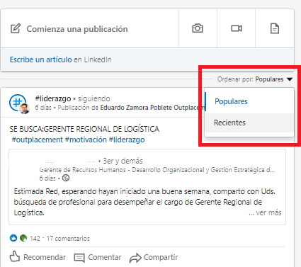 Cómo ordenar el feed de LinkedIn