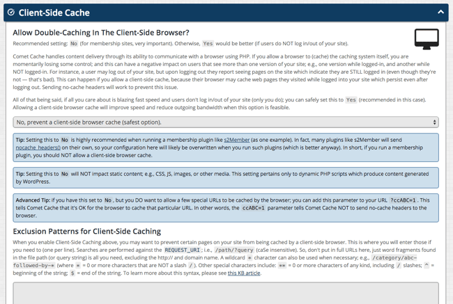 Comet Cache plugin settings page detailing its client-side cache feature