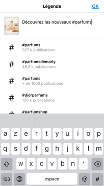 ajout d'une légende et d'un hashtag à la publication instagram