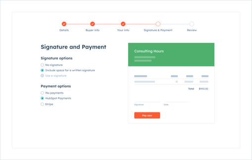 HubSpot UI showing a user setting up a payment link with Commerce Hub