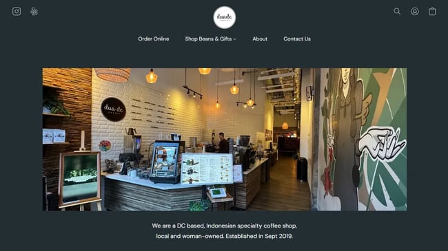 The DUA DC coffee shop website home page