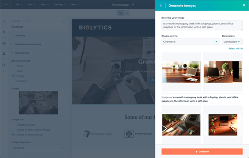 HubSpot user interface showing a user using the AI image generator to create relevant images for a web page