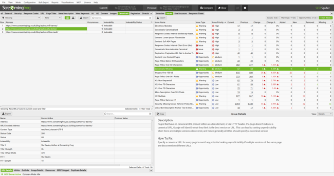 Content optimization tool Screaming Frog SEO Spider showing a site crawl with prioritized issues, crawled URL list, and issue detail panel for canonical fixes