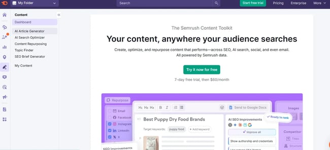 ContentShake AI dashboard, SEO Top AI tools for content writing