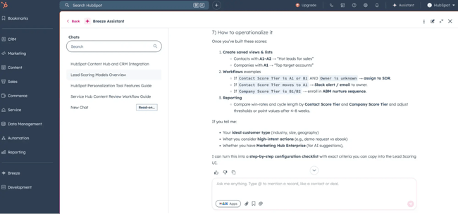 Conversational customer service with Breeze Assistant reduces customer support tickets through self-service.