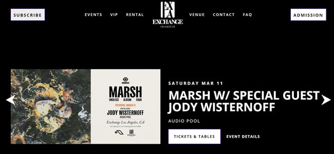 homepage for the nightclub website exchange la