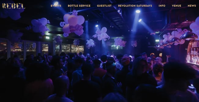 homepage for the nightclub website rebel