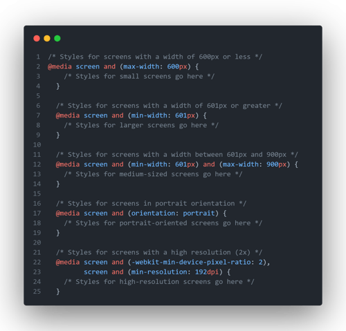 The first two @media rules target screen width, with the first targeting screens with a width of 600px or less and the second targeting screens with a width of 601px or greater