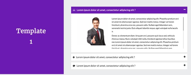 Accordion FAQ plugin example featuring a block of purple color to the left and accordion style FAQs to the right