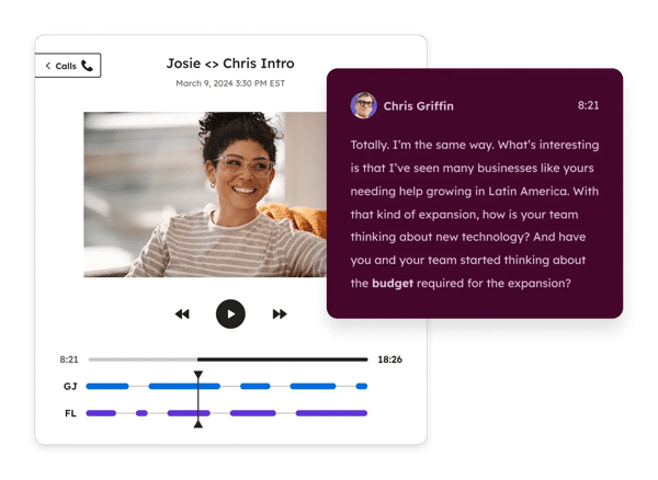 HubSpot UI showing team notes on a recorded customer call