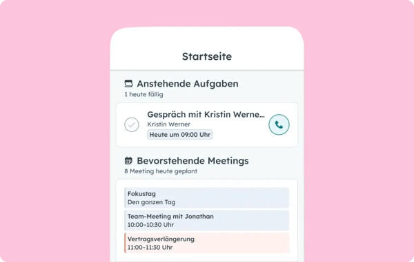 Anstehende Aufgaben und Meetings in der Mobile-App von HubSpot