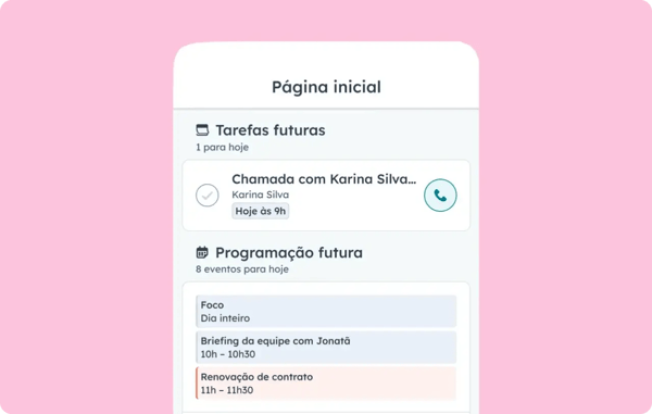 Aplicativo para dispositivos móveis da HubSpot exibindo as próximas tarefas e reuniões